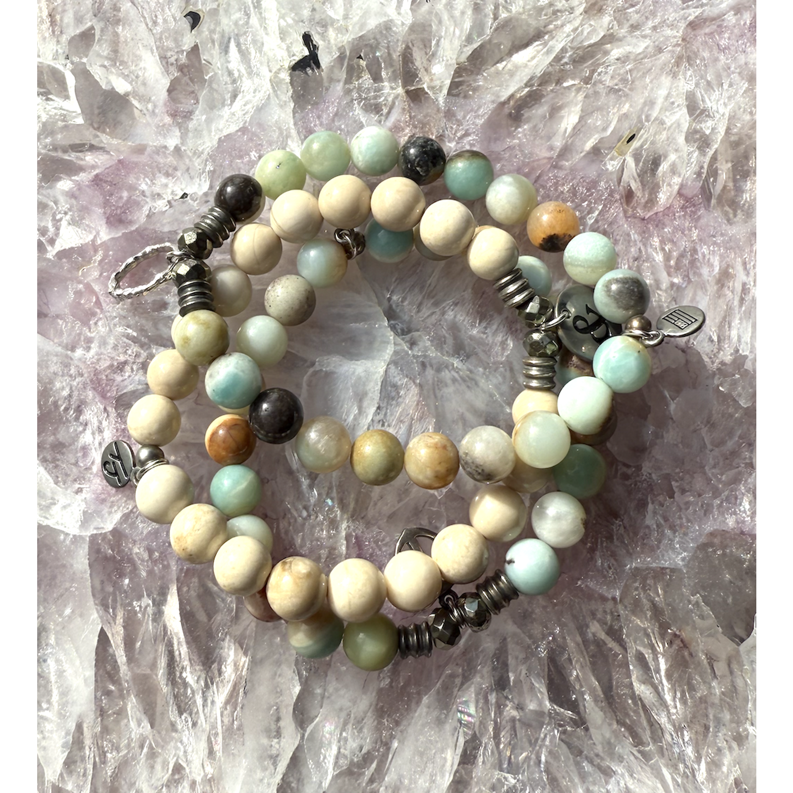 T Jazelle Set Of 3 Gemstone Stone Stretch Bracelets W/ Charms Silver Amazonite